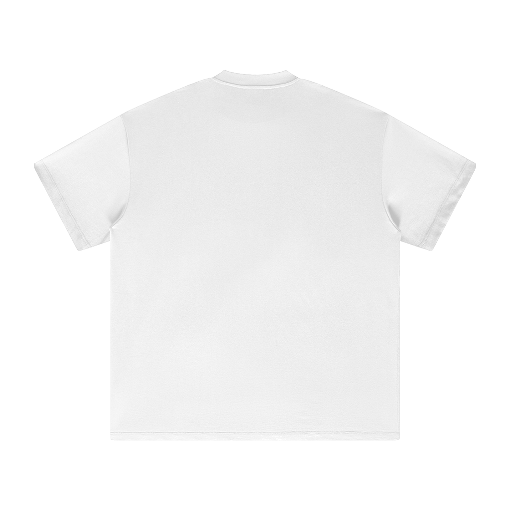 Back view of white boxy t shirt in 100 percent cotton, plain back with relaxed streetwear fit