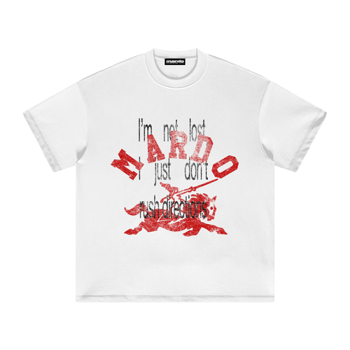 White heavyweight boxy t shirt with distressed Im not lost slogan and red Mardo graphic print, 100 percent cotton streetwear tee