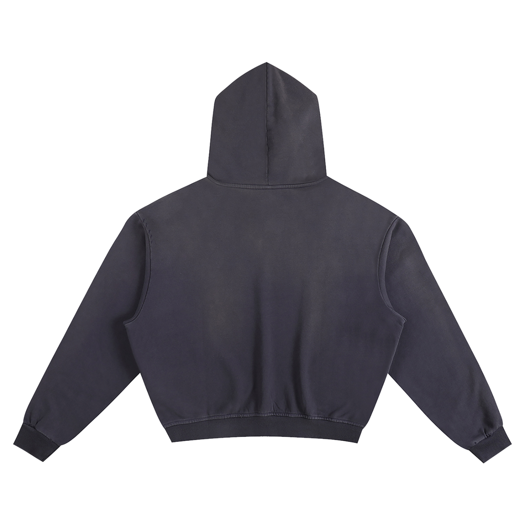 Back view of acid wash dark blue heavyweight hoodie in 100 percent cotton, clean blank back with boxy oversized streetwear silhouette