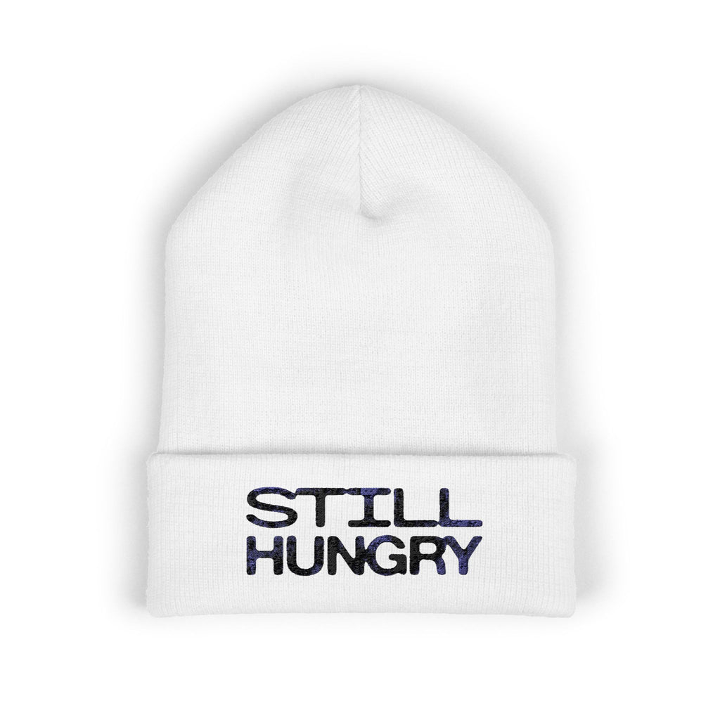 Still Hungry Embroidered Cuffed Beanie — Minimal White Knit Hat