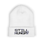 Still Hungry Embroidered Cuffed Beanie — Minimal White Knit Hat
