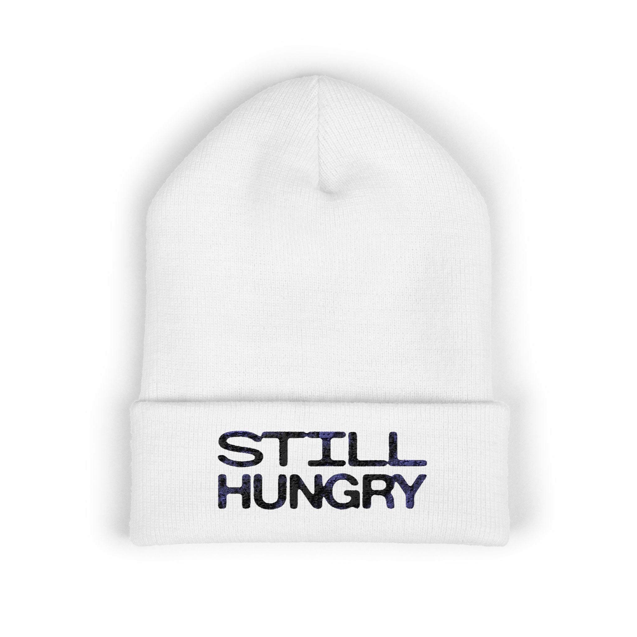 Still Hungry Embroidered Cuffed Beanie — Minimal White Knit Hat
