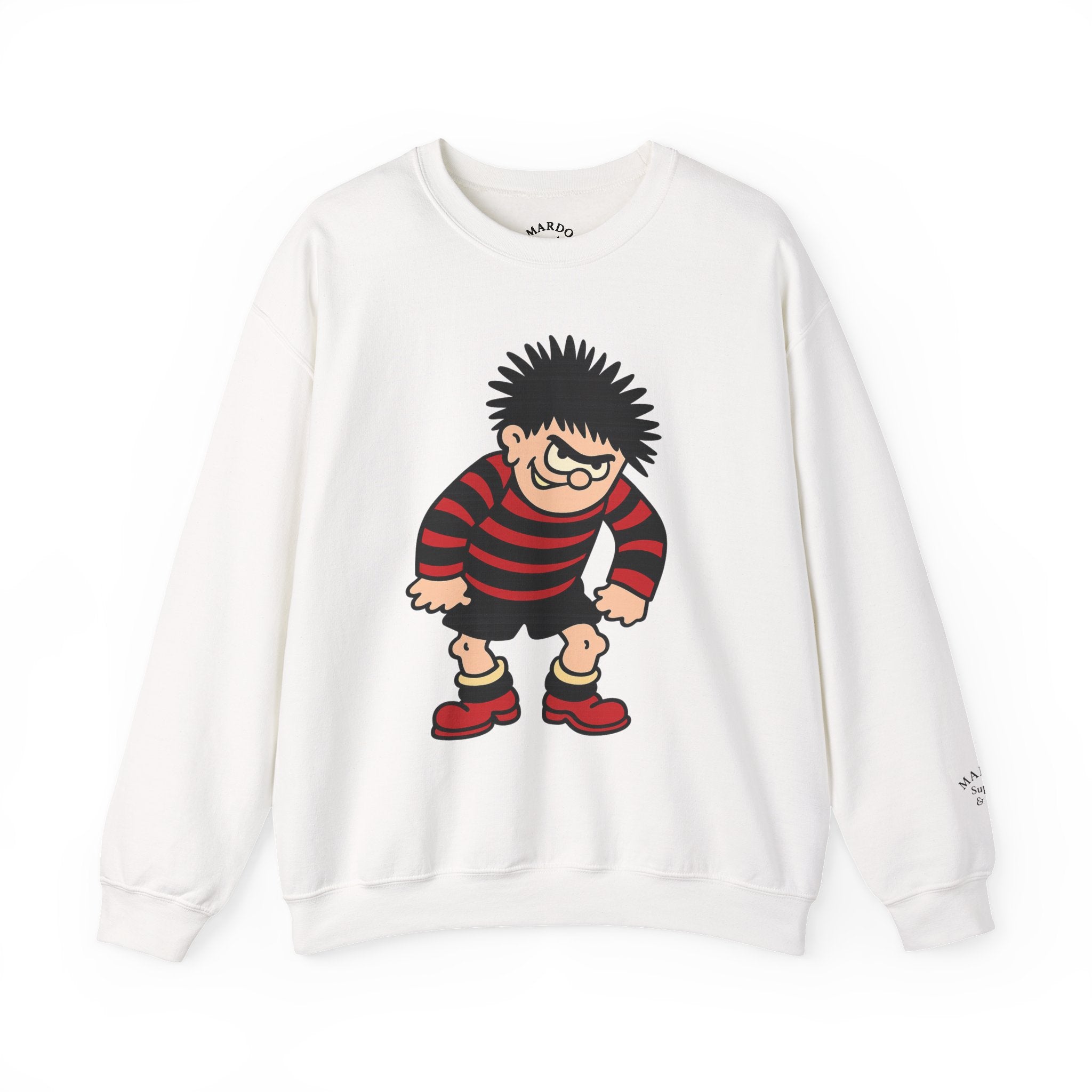 Crewneck Sweatshirt featuring Cartoon Mischief Boy in Red-Black Stripes