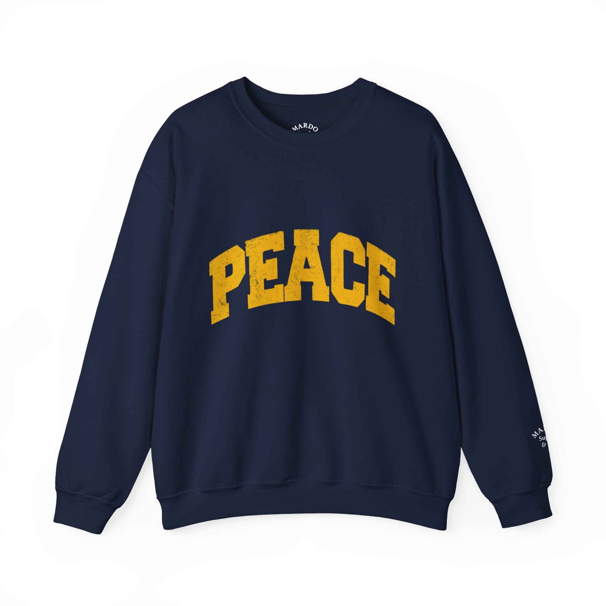 Peace Crewneck Sweatshirt — Cozy White Pullover with Gold 'PEACE' Graphic