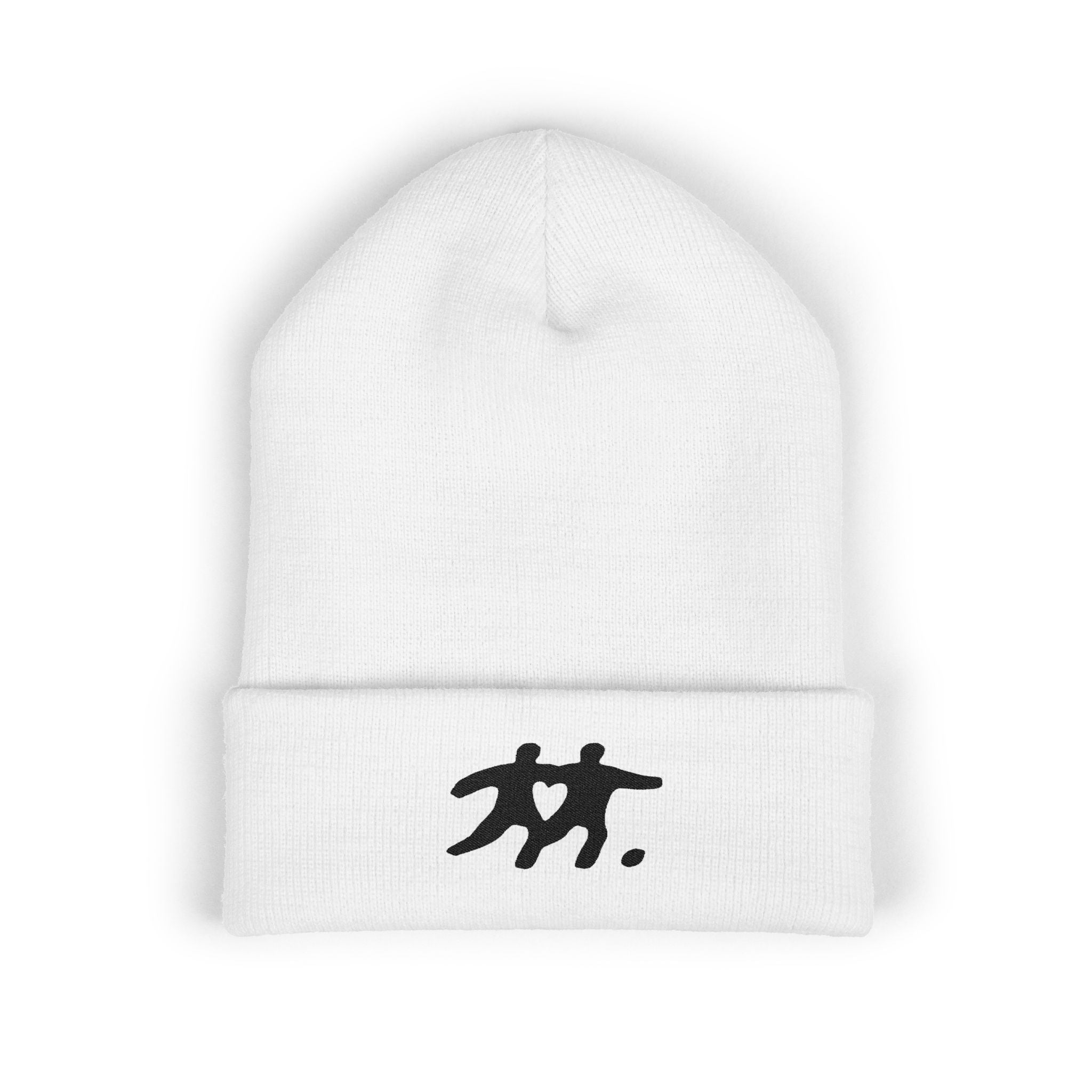 Embroidered Together Figures Cuffed Beanie — Minimal Friendship Knit Hat