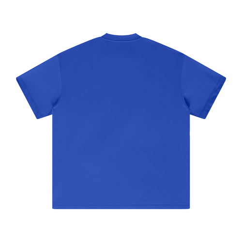 Back view of blue boxy t shirt in 100 percent cotton, plain back with relaxed streetwear fit