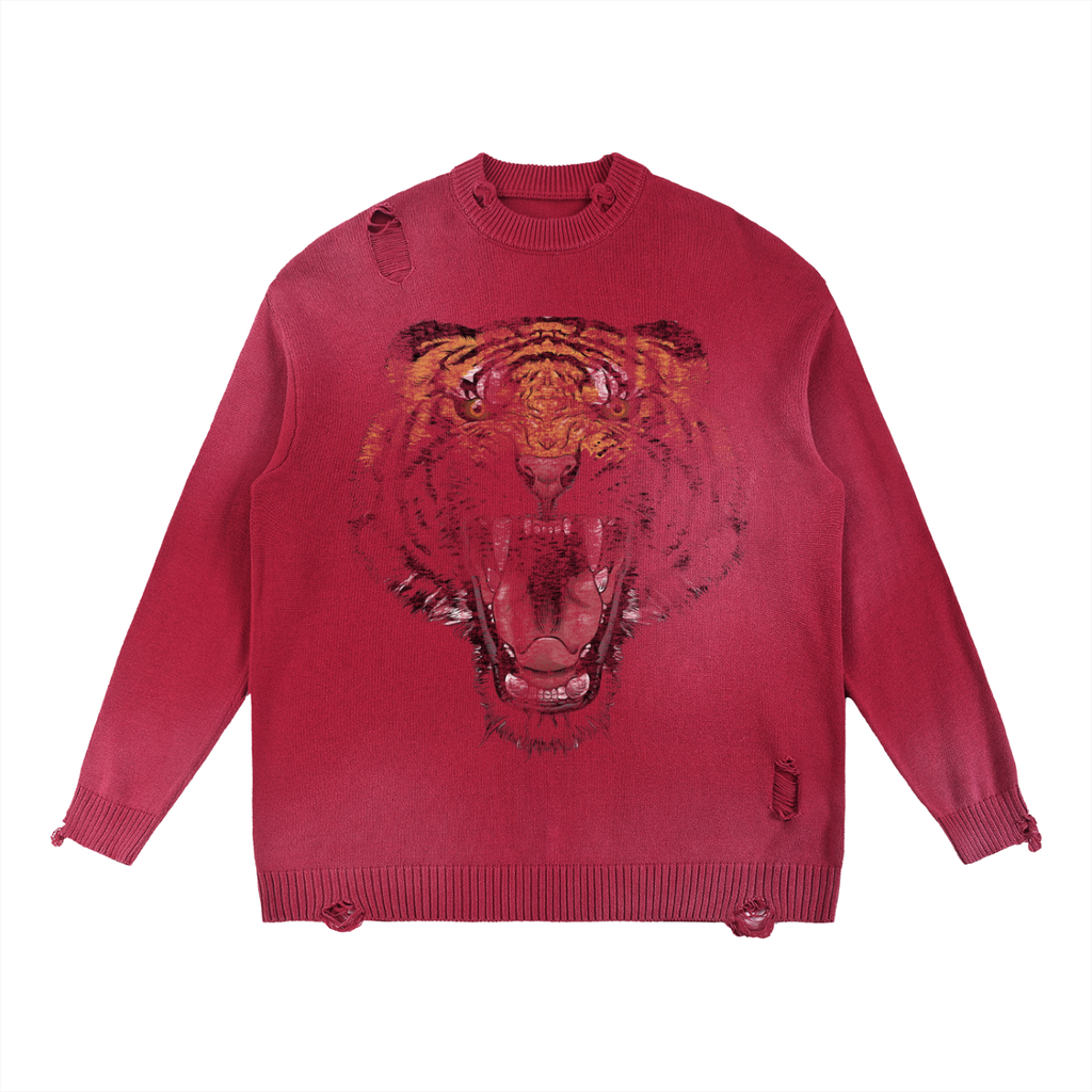 Acid wash distressed red oversized sweater with roaring tiger graphic print on chest, streetwear cotton knit with distressed detailing