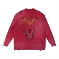 Acid wash distressed red oversized sweater with roaring tiger graphic print on chest, streetwear cotton knit with distressed detailing
