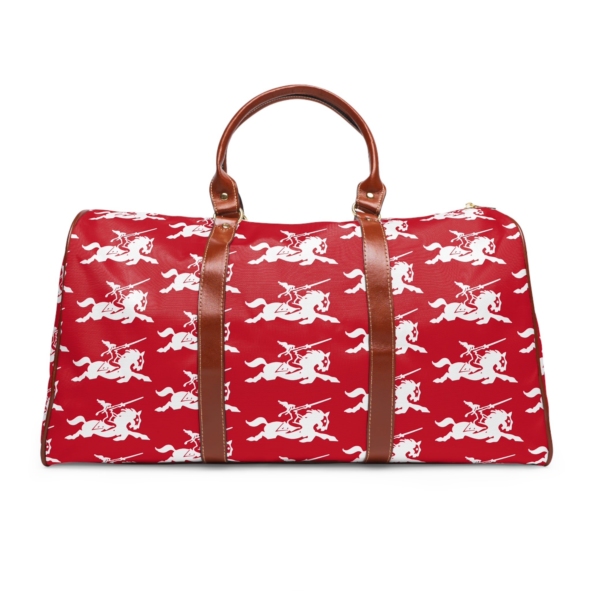 Red weekender duffel bag with all over white horse and rider print, brown leather look straps, structured travel carry bag