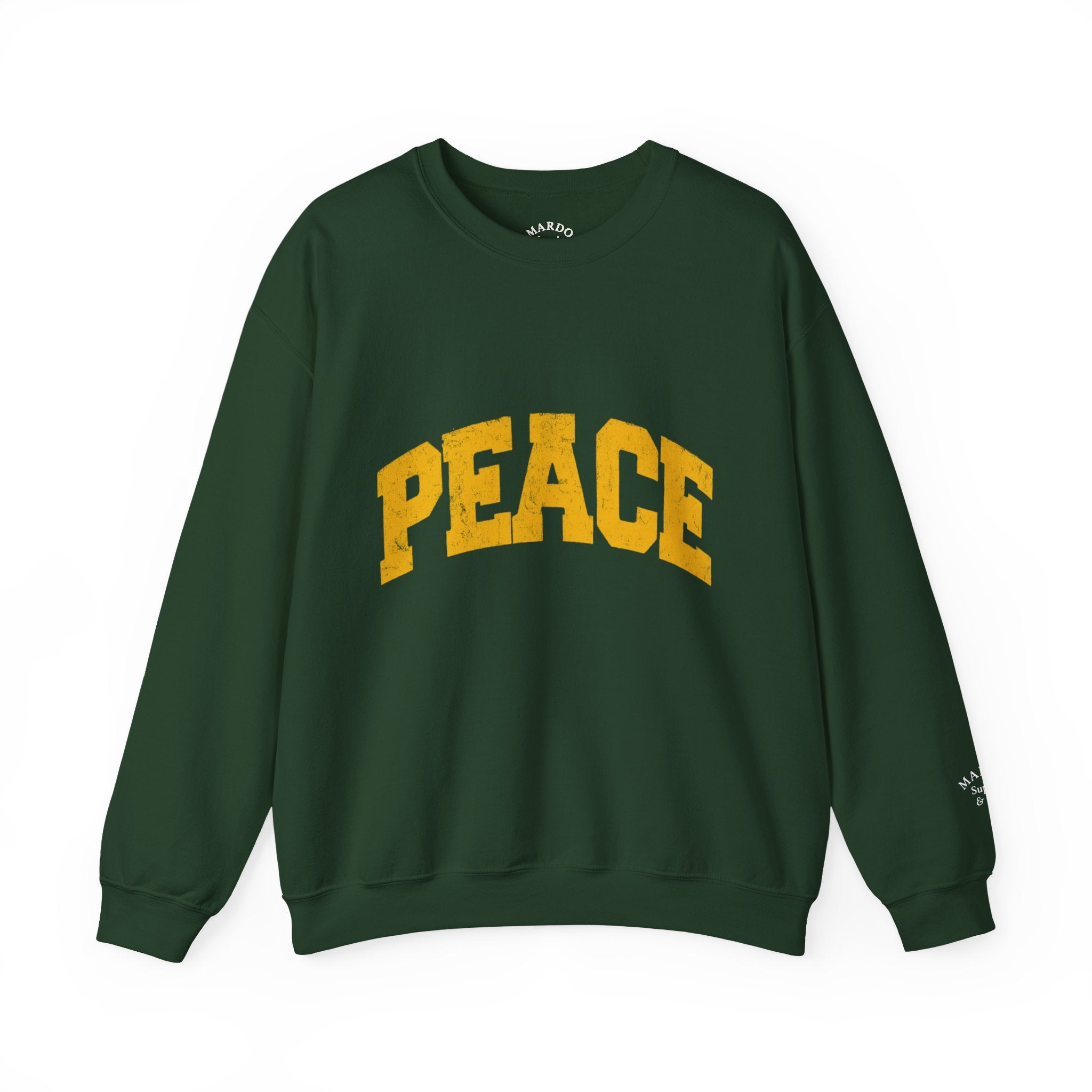 Peace Crewneck Sweatshirt — Cozy White Pullover with Gold 'PEACE' Graphic