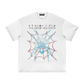 White boxy graphic t shirt with distressed spider and web print and Mardo Supply Co text, 100 percent cotton streetwear tee