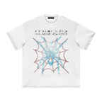 White boxy graphic t shirt with distressed spider and web print and Mardo Supply Co text, 100 percent cotton streetwear tee