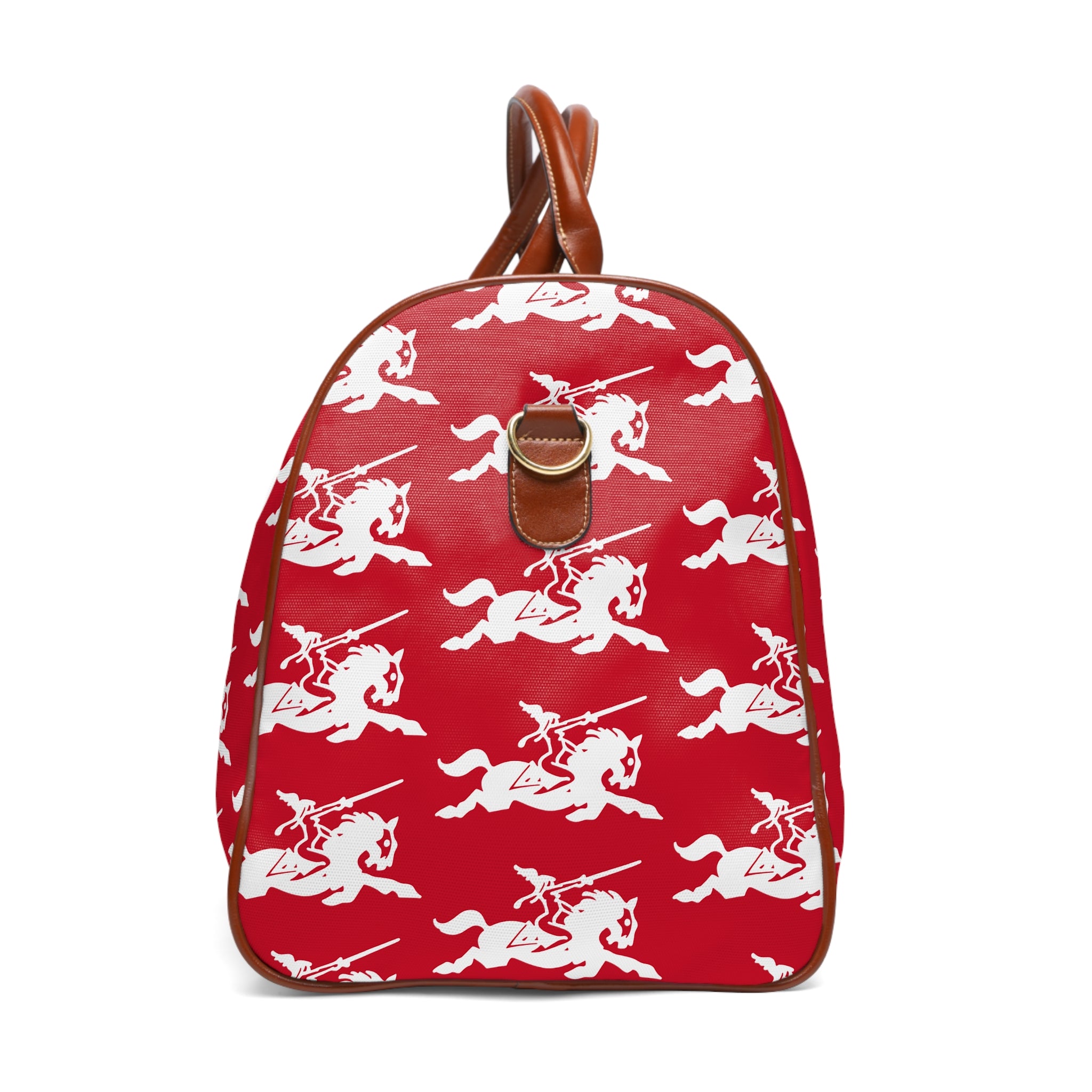 Red backpack with all over white horse and rider print, brown trim and top handles, gold ring tab detail