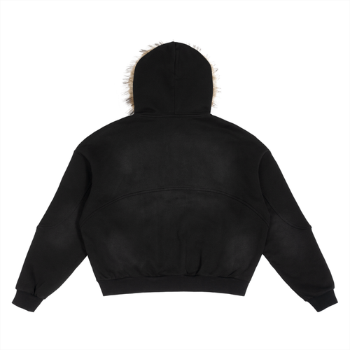 Back view of black oversized fur hood zip jacket with washed finish, clean back with drop shoulder streetwear silhouette