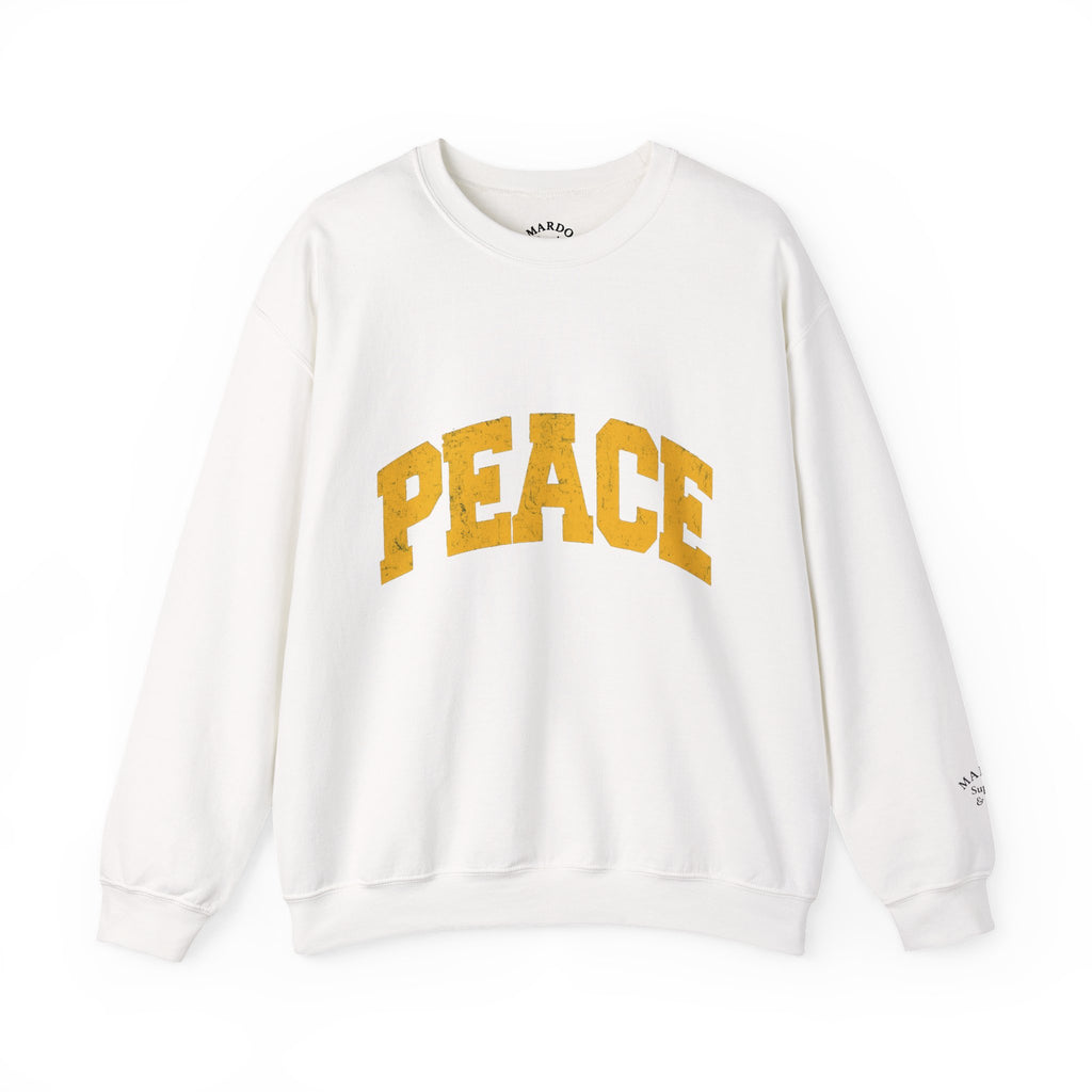Peace Crewneck Sweatshirt — Cozy White Pullover with Gold 'PEACE' Graphic