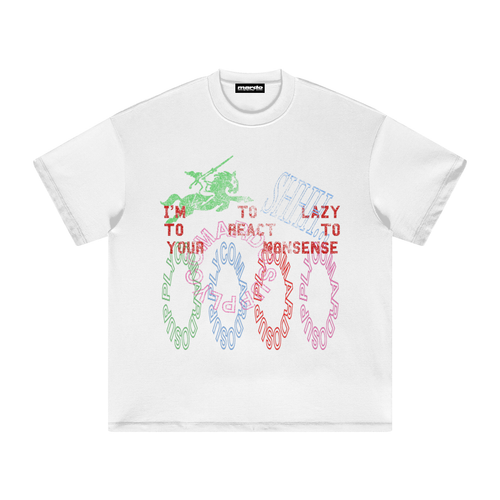 White boxy graphic t shirt with distressed chaos and nonsense text design and Mardo Supply Co circular print, 100 percent cotton streetwear tee