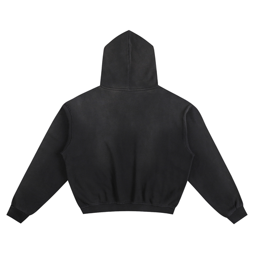 Back view of acid wash black heavyweight hoodie, clean back with boxy oversized streetwear silhouette and baggy fit