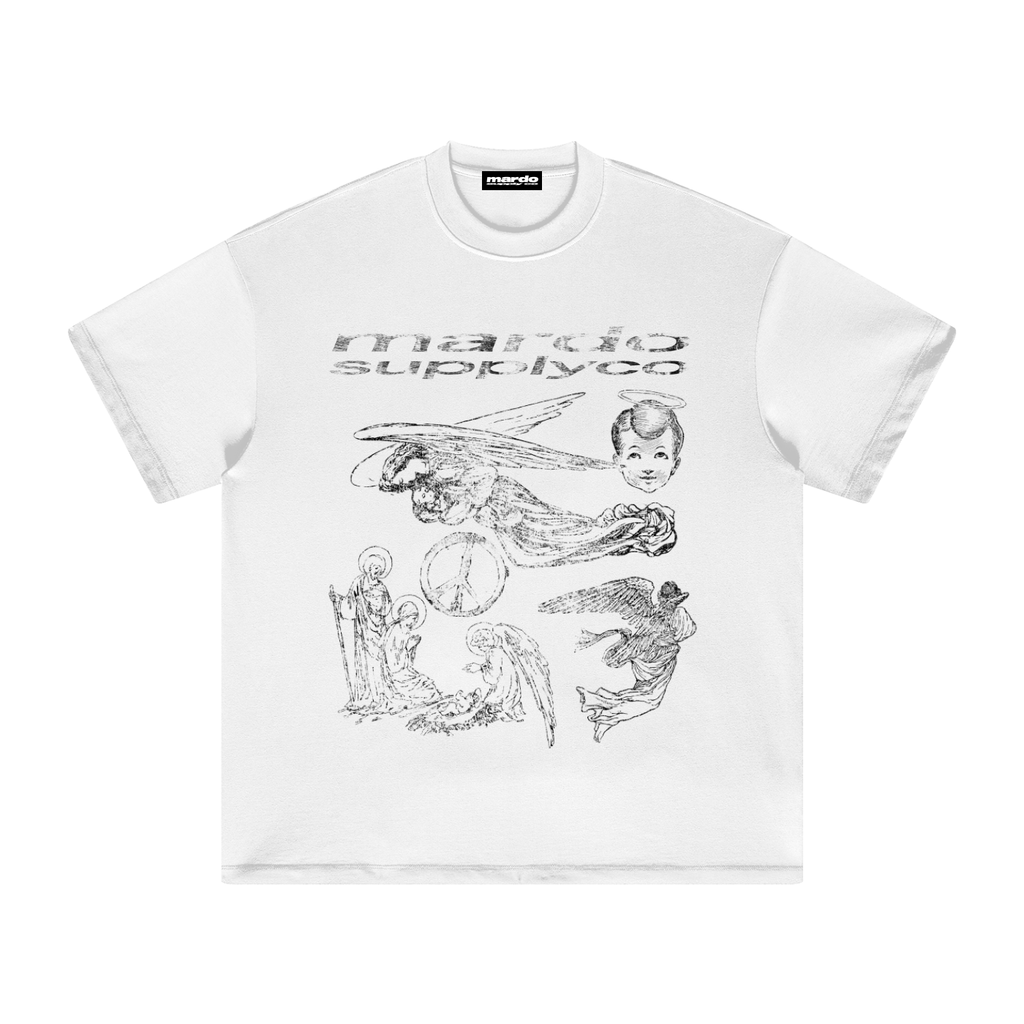 White boxy graphic t shirt with distressed Mardo Supply Co text and sketch collage of angels, peace symbol, and vintage style illustrations, 100 percent cotton streetwear tee