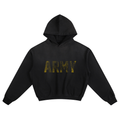Acid wash black heavyweight hoodie with distressed ARMY stencil graphic, boxy baggy streetwear fit, 100 percent cotton pullover