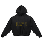 Acid wash black heavyweight hoodie with distressed ARMY stencil graphic, boxy baggy streetwear fit, 100 percent cotton pullover