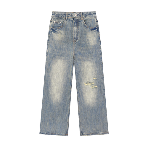 Denim blue light wash wide leg jeans with vintage cloud fade and subtle ripped distressing, relaxed skater streetwear fit, 100 percent cotton