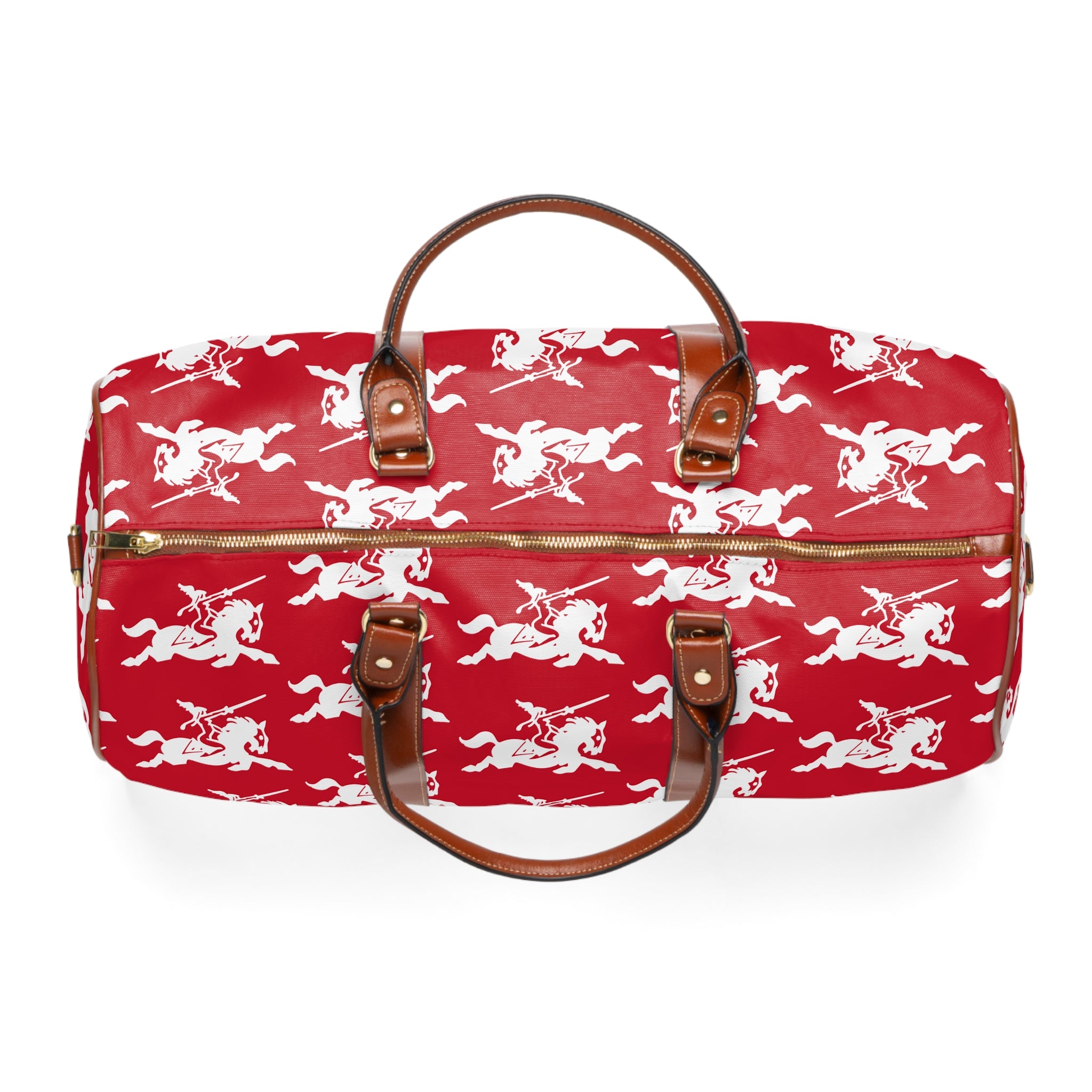 Top view of red travel duffel bag with all over white horse and rider print, brown handles, gold tone zipper