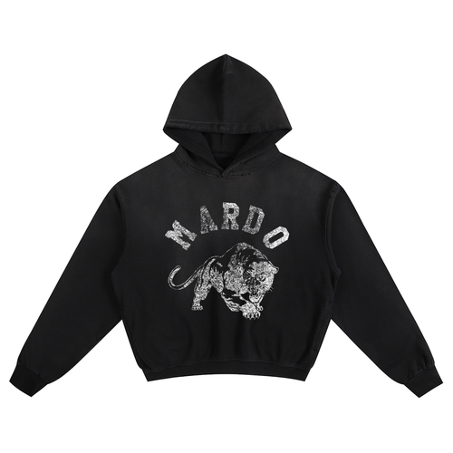 Acid wash black heavyweight hoodie with distressed Mardo panther graphic and arched Mardo text, boxy baggy streetwear fit in 100 percent cotton