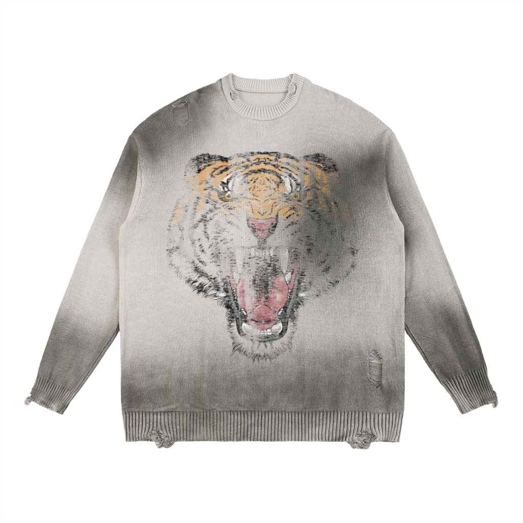 Acid wash distressed grey oversized sweater with roaring tiger graphic print on chest, streetwear cotton knit with distressed detailing