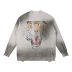 Acid wash distressed grey oversized sweater with roaring tiger graphic print on chest, streetwear cotton knit with distressed detailing
