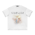 White heavyweight boxy t shirt with distressed Mardo Supply Co text and faded angel heaven graphic, 100 percent cotton streetwear tee
