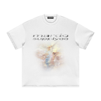 White heavyweight boxy t shirt with distressed Mardo Supply Co text and faded angel heaven graphic, 100 percent cotton streetwear tee