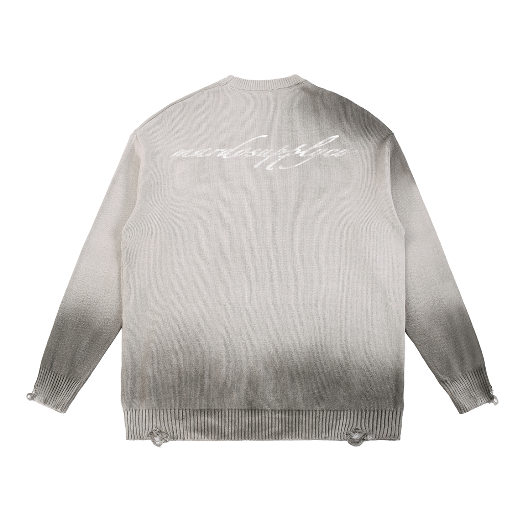 Back view of acid wash distressed grey oversized sweater with mardosupplyco script print across upper back, streetwear cotton knit finish