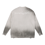 Back view of acid wash distressed grey oversized sweater with mardosupplyco script print across upper back, streetwear cotton knit finish