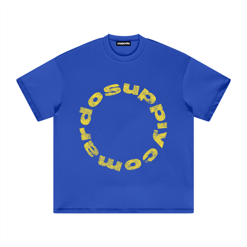 Blue boxy graphic t shirt with distressed Mardo Supply Co circular logo print on chest, 100 percent cotton streetwear tee