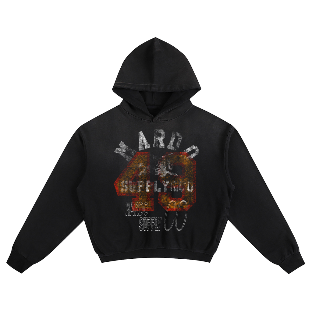 Black heavyweight boxy graphic hoodie with distressed Mardo Supply 49 varsity print, oversized streetwear fit, 100 percent cotton