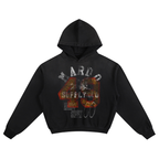 Black heavyweight boxy graphic hoodie with distressed Mardo Supply 49 varsity print, oversized streetwear fit, 100 percent cotton