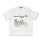 White boxy graphic t shirt with distressed Mardo Supply Co script and faded military camp portrait print, 100 percent cotton streetwear tee