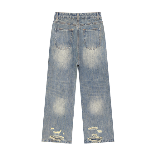 Back view of denim blue wide leg jeans with vintage fade, rear pockets and ripped distressing near the hems, relaxed skater streetwear silhouette
