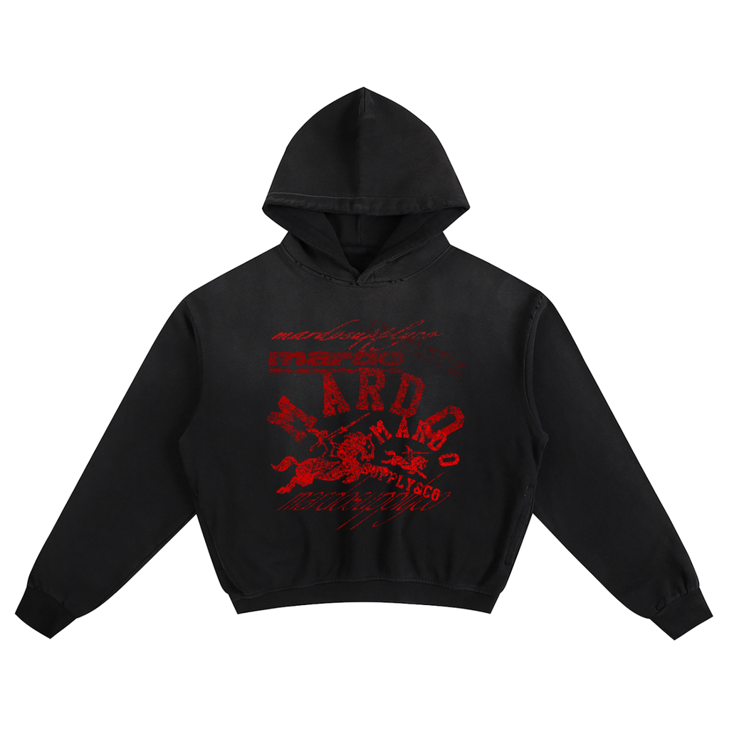 Acid wash black heavyweight hoodie with distressed red stamped Mardo Supply Co chest graphic, boxy baggy streetwear fit, 100 percent cotton pullover