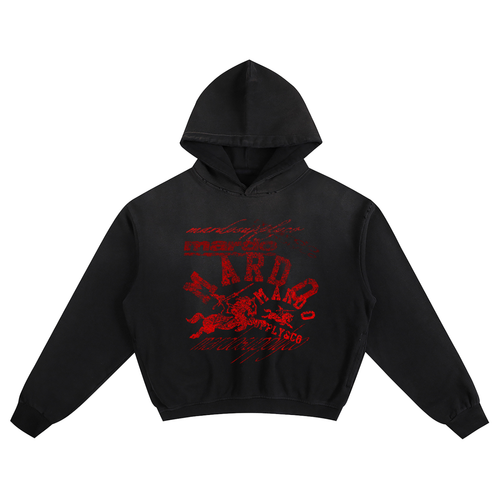 Acid wash black heavyweight hoodie with distressed red stamped Mardo Supply Co chest graphic, boxy baggy streetwear fit, 100 percent cotton pullover