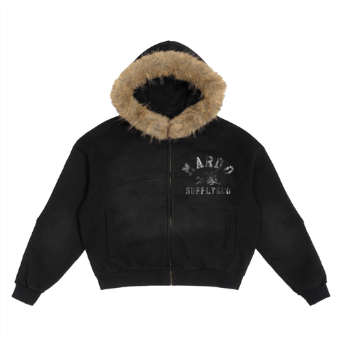 Black oversized fur hood zip jacket with washed finish and distressed Mardo Supply Co crest print, drop shoulder streetwear fit