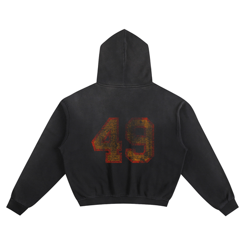 Back view of black heavyweight hoodie with large distressed 49 varsity number print, oversized boxy streetwear silhouette